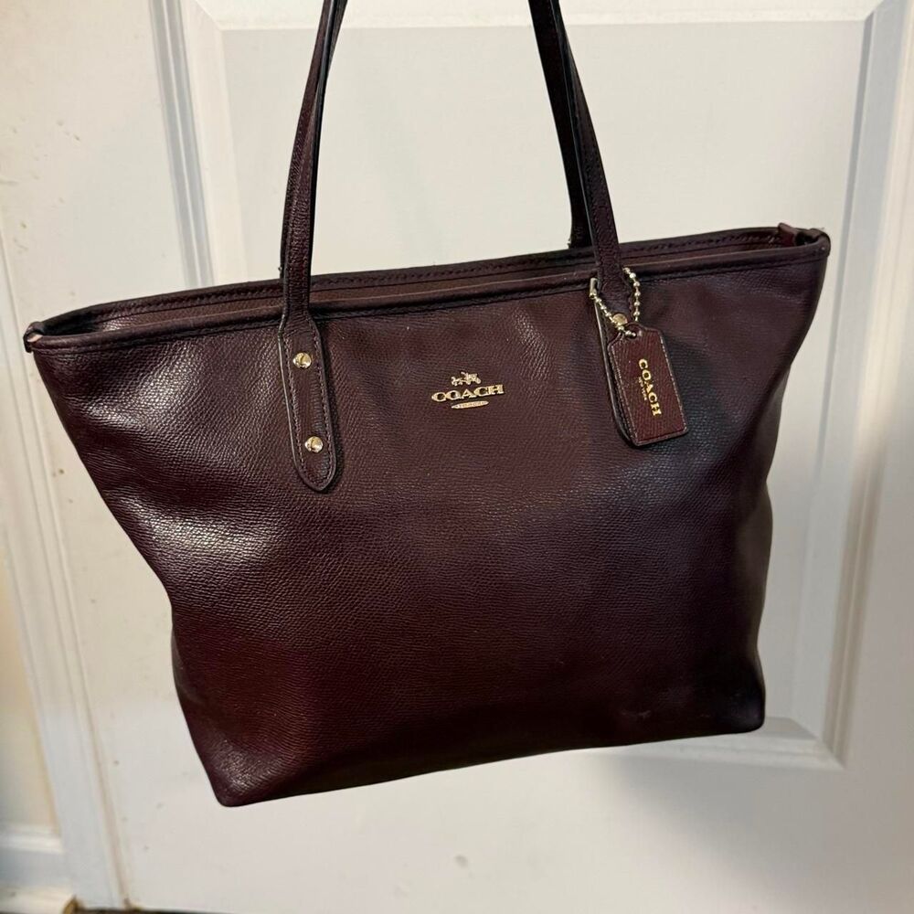 Coach Leather Bag City Tote Maroon Bag Gold Accents